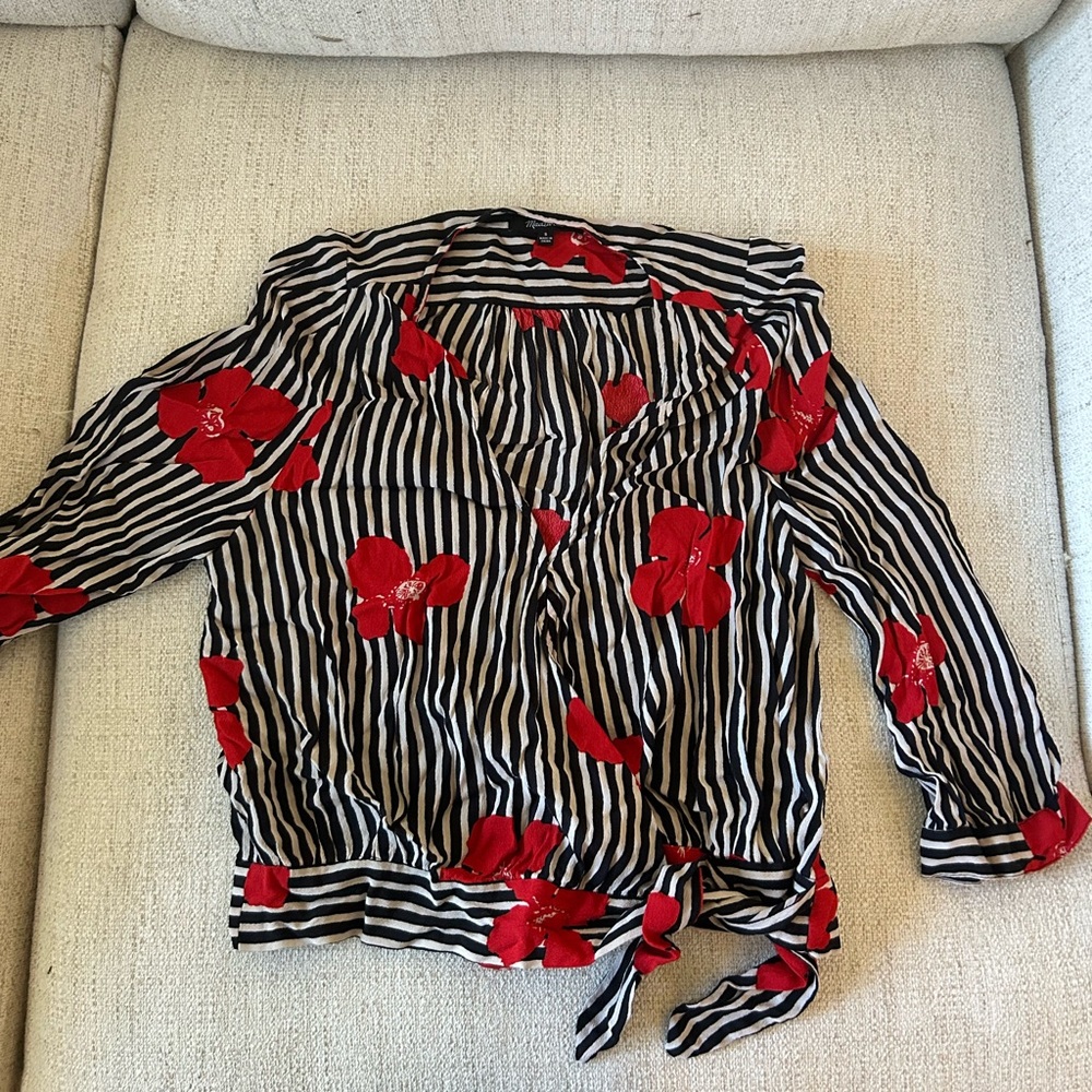 Madewell Black and White Striped Top with Red Floral Detail